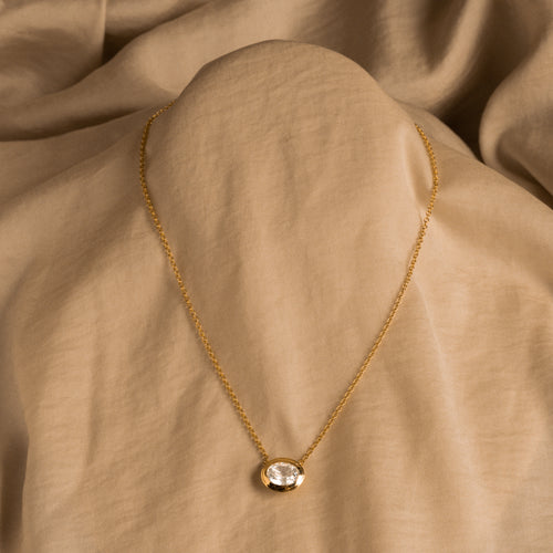 14K Yellow Gold Oval White Topaz Bezel Pendant Necklace - Queen May