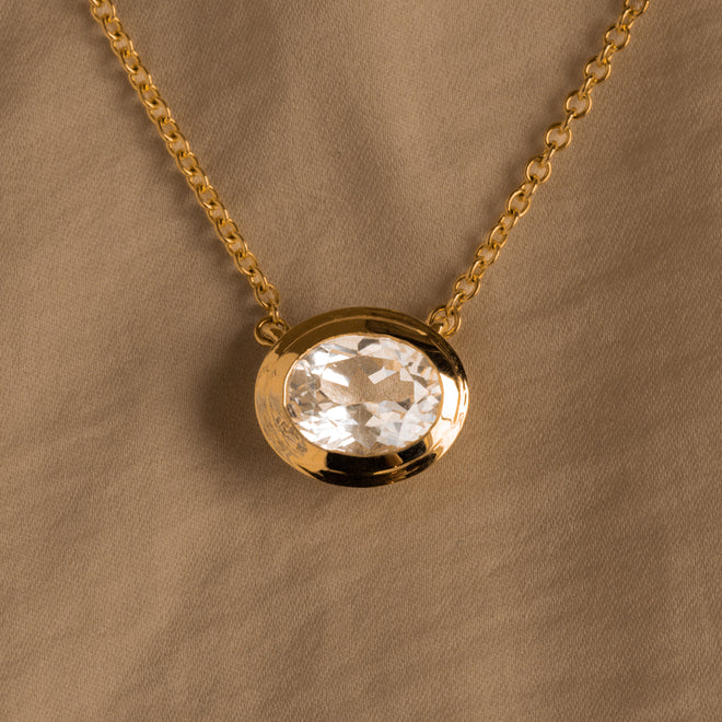 14K Yellow Gold Oval White Topaz Bezel Pendant Necklace - Queen May
