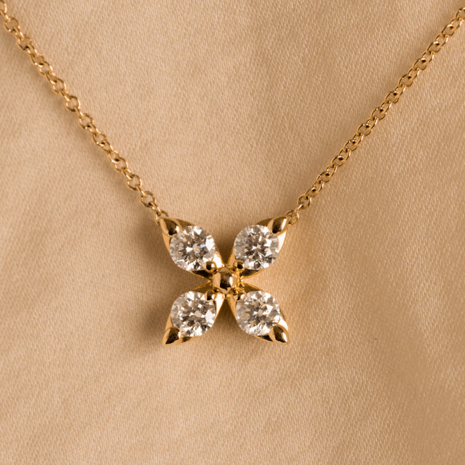 14K Gold 0.40 Carat Total Weight Diamond Clover Flower Pendant Necklace - Queen May