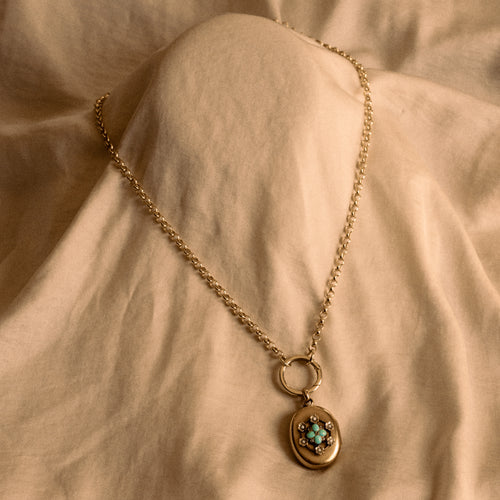 Victorian 15ct Gold Turquoise, Seed Pearl, Rose Cut Diamond Locket - Queen May