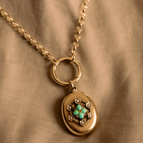 Victorian 15ct Gold Turquoise, Seed Pearl, Rose Cut Diamond Locket - Queen May