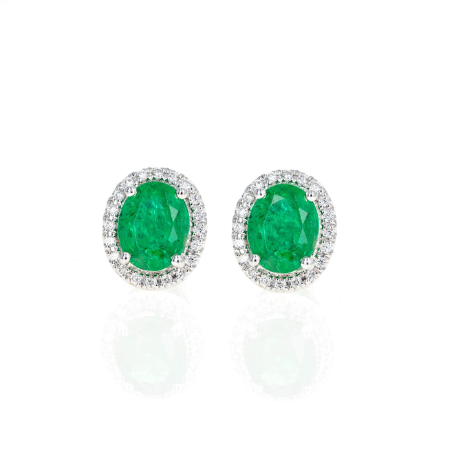 14K White Gold 2 Carat Emerald Diamond Halo Stud Earrings - Queen May