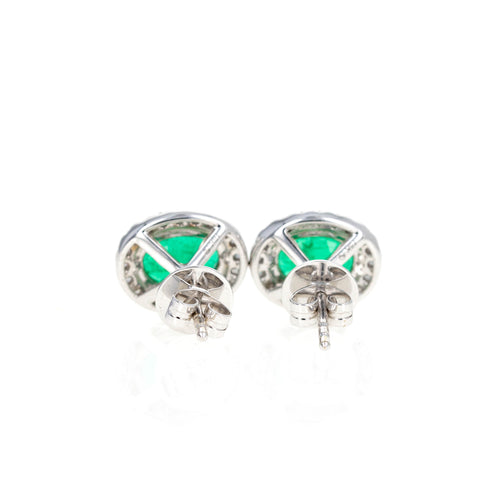 14K White Gold 2 Carat Emerald Diamond Halo Stud Earrings - Queen May
