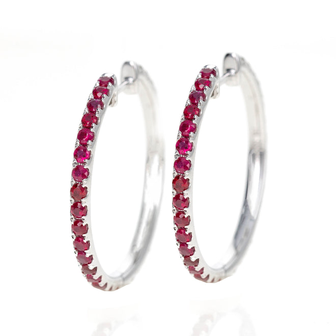 14K White Gold Natural Ruby Diamond Reversible Hoop Earrings - Queen May