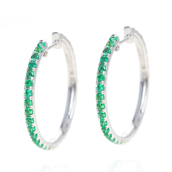 14K White Gold Natural Emerald Diamond Reversible Hoop Earrings - Queen May