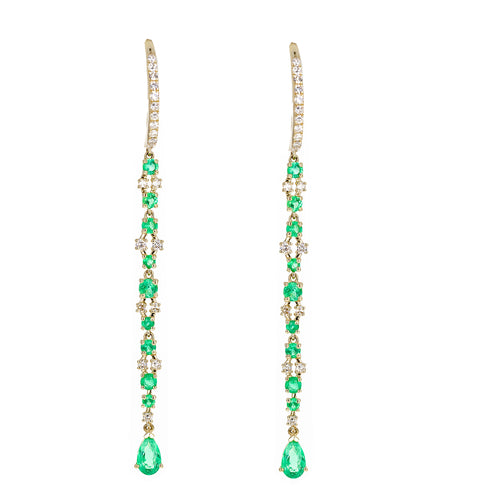 14K Yellow Gold Emerald Diamond Pear Long Drop Earrings - Queen May