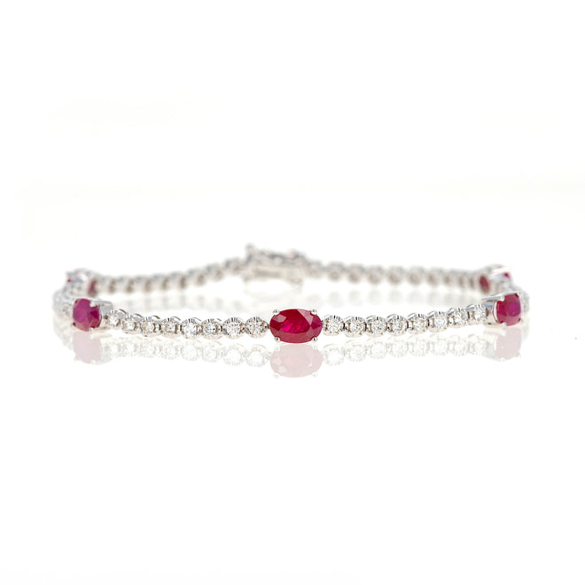 14K White Gold Oval Natural Ruby Diamond Tennis Bracelet - Queen May