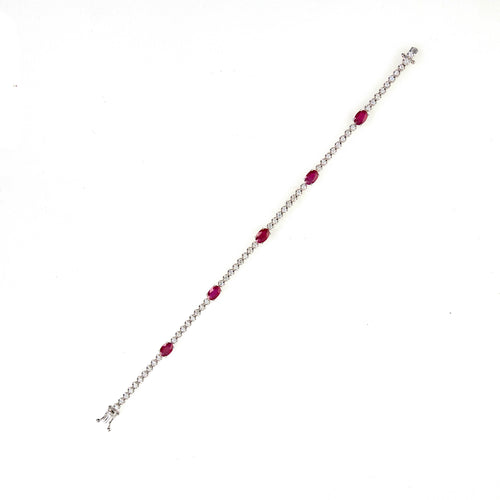 14K White Gold Oval Natural Ruby Diamond Tennis Bracelet - Queen May