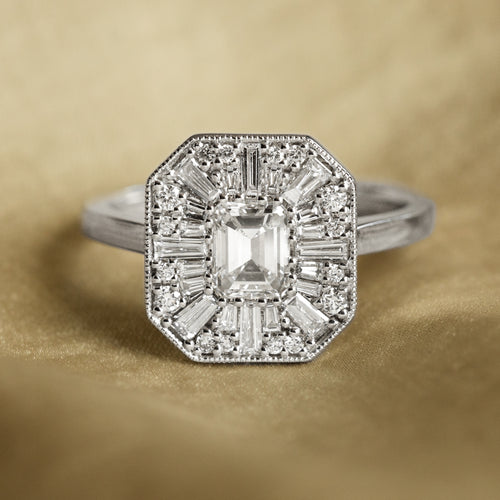 0.65 Carat Emerald Cut Diamond Mosaic Engagement Ring in 14K White Gold GIA Certified - Queen May