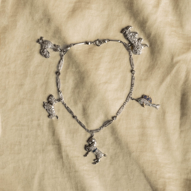 Art Deco Platinum Diamond Animal Charm Bracelet - Queen May