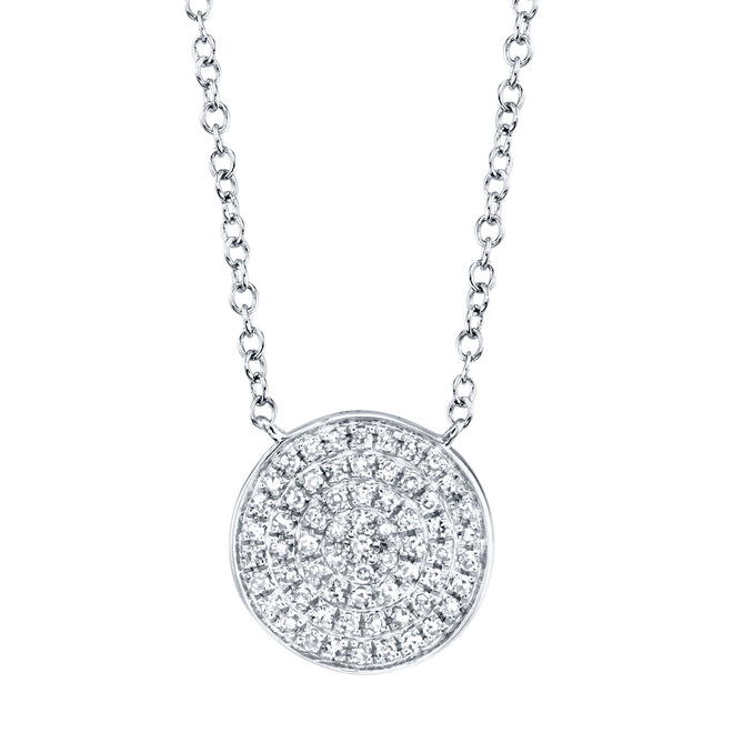 14K White, Yellow or Rose Gold .15 Carat Total Weight Diamond Pave Circle Pendant Necklace - Queen May