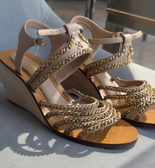 Chanel Multi-Chain Wedge Sandals Leather & Wood - Queen May