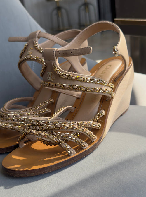 Chanel Multi-Chain Wedge Sandals Leather & Wood - Queen May