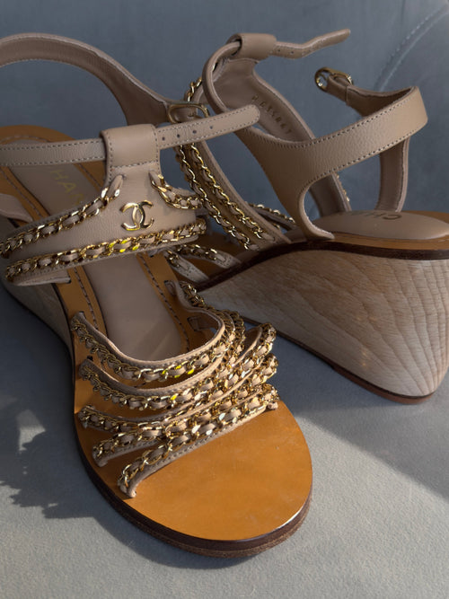 Chanel Multi-Chain Wedge Sandals Leather & Wood - Queen May