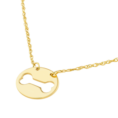 14K Yellow Gold Cutout Dog Bone Mini Disk Necklace - Queen May