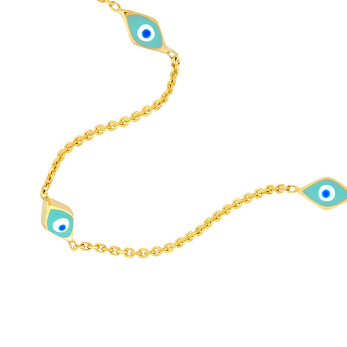 14K Yellow Gold Turquoise Enamel Evil Eye Station Necklace - Queen May