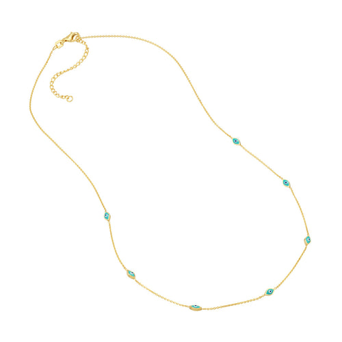 14K Yellow Gold Turquoise Enamel Evil Eye Station Necklace - Queen May