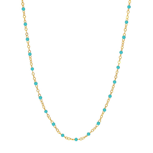 14K Yellow Gold & Turquoise Blue Enamel Bead Station Chain Necklace - Queen May