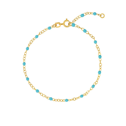 14K Yellow Gold Turquoise Blue Enamel Bead Station Bracelet - Queen May