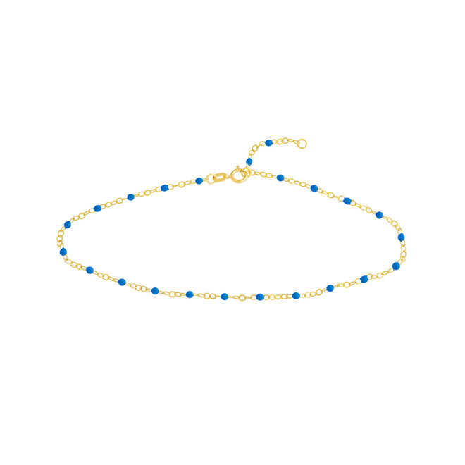 14K Yellow Gold & Cobalt Blue Enamel Bead Station Anklet - Queen May