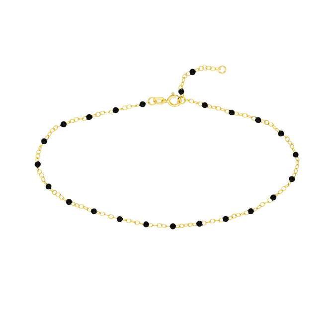 14K Yellow Gold Black Enamel Bead Station Chain Anklet - Queen May
