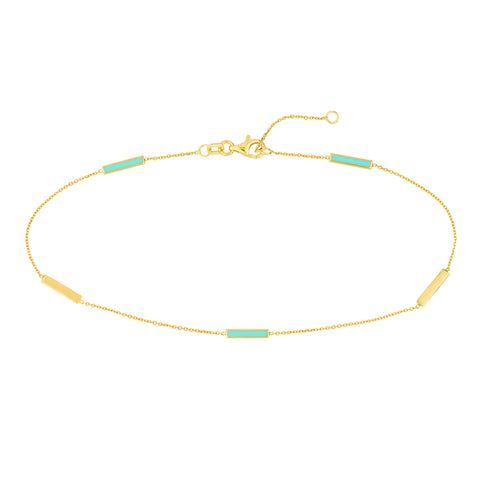 14K Yellow Gold Turquoise Enamel Alternating Bar Anklet - Queen May