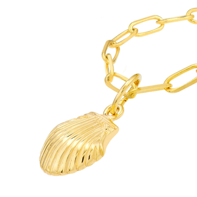 14K Yellow Gold Mini Seashell Pendant Paperclip Chain Necklace - Queen May