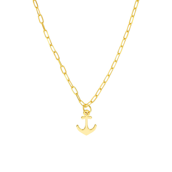 14K Yellow Gold Mini Anchor Pendant Paperclip Chain Necklace - Queen May