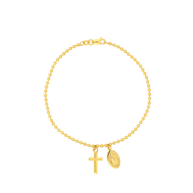 14K Yellow Gold Virgin Mary and Cross Bead Bracelet - Queen May