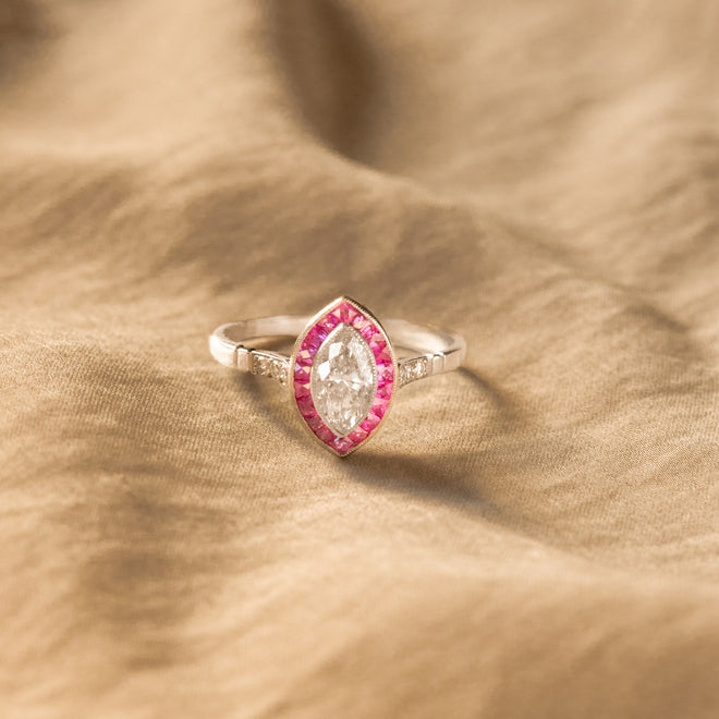 Art Deco Inspired 0.55 Carat Marquise Diamond Pink Sapphire Ring - Queen May