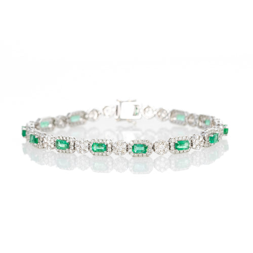 18K White Gold Natural Emerald Diamond Cluster Bracelet - Queen May