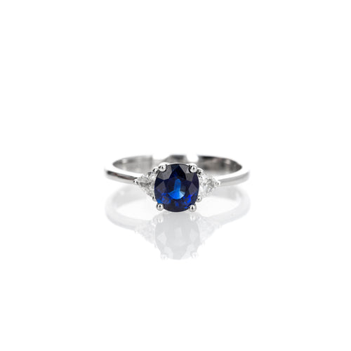 Platinum 0.80 Carat Oval Sapphire Trillion Diamond Three Stone Ring - Queen May