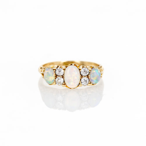 Antique Victorian 18K Yellow Gold Opal Diamond Three Stone Ring - Queen May