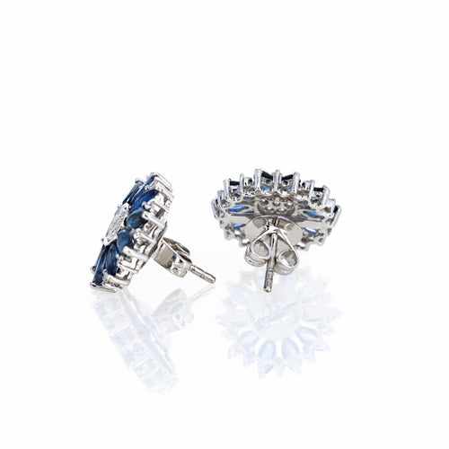 14K White Gold Marquise Blue Sapphire Diamond Flower Stud Earrings - Queen May