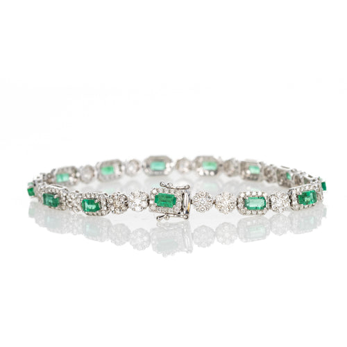 18K White Gold Natural Emerald Diamond Cluster Bracelet - Queen May