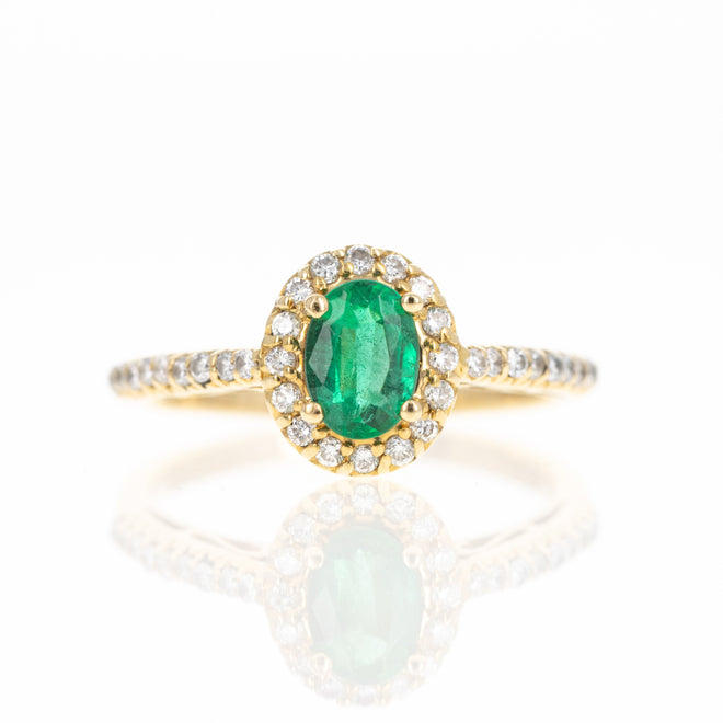 18K Yellow Gold 0.65 Carat Oval Emerald Diamond Halo Ring - Queen May