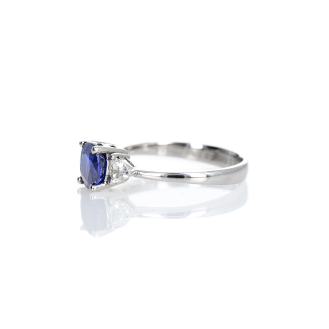 Platinum 0.80 Carat Oval Sapphire Trillion Diamond Three Stone Ring - Queen May