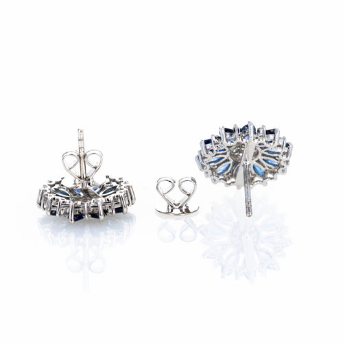 14K White Gold Marquise Blue Sapphire Diamond Flower Stud Earrings - Queen May