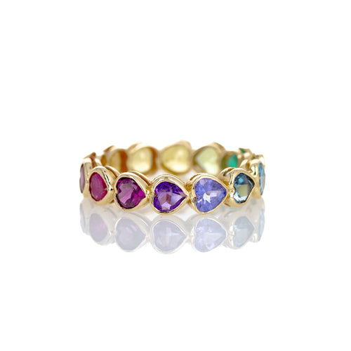 14K Yellow Gold Heart Shape Multi-Color Gemstone Eternity Band - Queen May