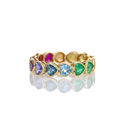 14K Yellow Gold Heart Shape Multi-Color Gemstone Eternity Band - Queen May