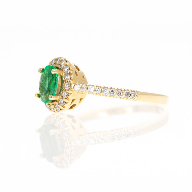 18K Yellow Gold 0.65 Carat Oval Emerald Diamond Halo Ring - Queen May