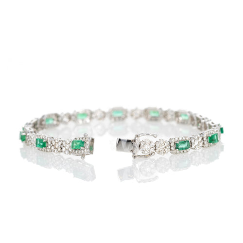 18K White Gold Natural Emerald Diamond Cluster Bracelet - Queen May