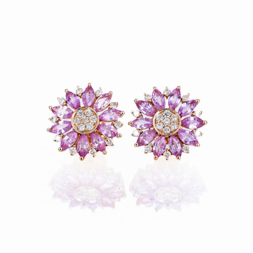 14K Rose Gold Marquise Pink Sapphire Diamond Flower Stud Earrings - Queen May