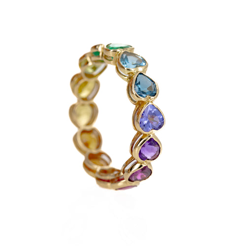 14K Yellow Gold Heart Shape Multi-Color Gemstone Eternity Band - Queen May