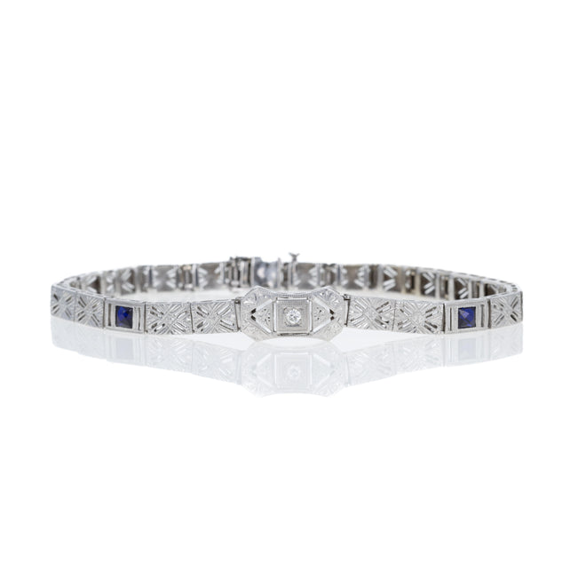 14K White Gold 0.04 Old European Cut Diamond and Synthetic Sapphire Filigree Bracelet - Queen May