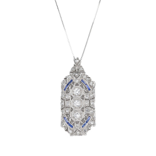 Art Deco Kobrin Bros. Platinum Diamond Synthetic Sapphire Brooch Pendant Conversion Necklace - Queen May