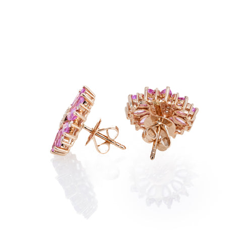 14K Rose Gold Marquise Pink Sapphire Diamond Flower Stud Earrings - Queen May