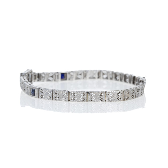 14K White Gold 0.04 Old European Cut Diamond and Synthetic Sapphire Filigree Bracelet - Queen May