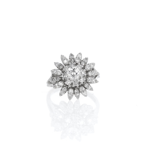 14K White Gold 1 Carat Round Diamond Starburst Cocktail Ring - Queen May