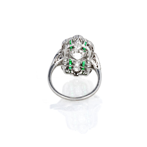 Art Deco Inspired 1.31 Carat Old European Diamond Emerald Ring - Queen May